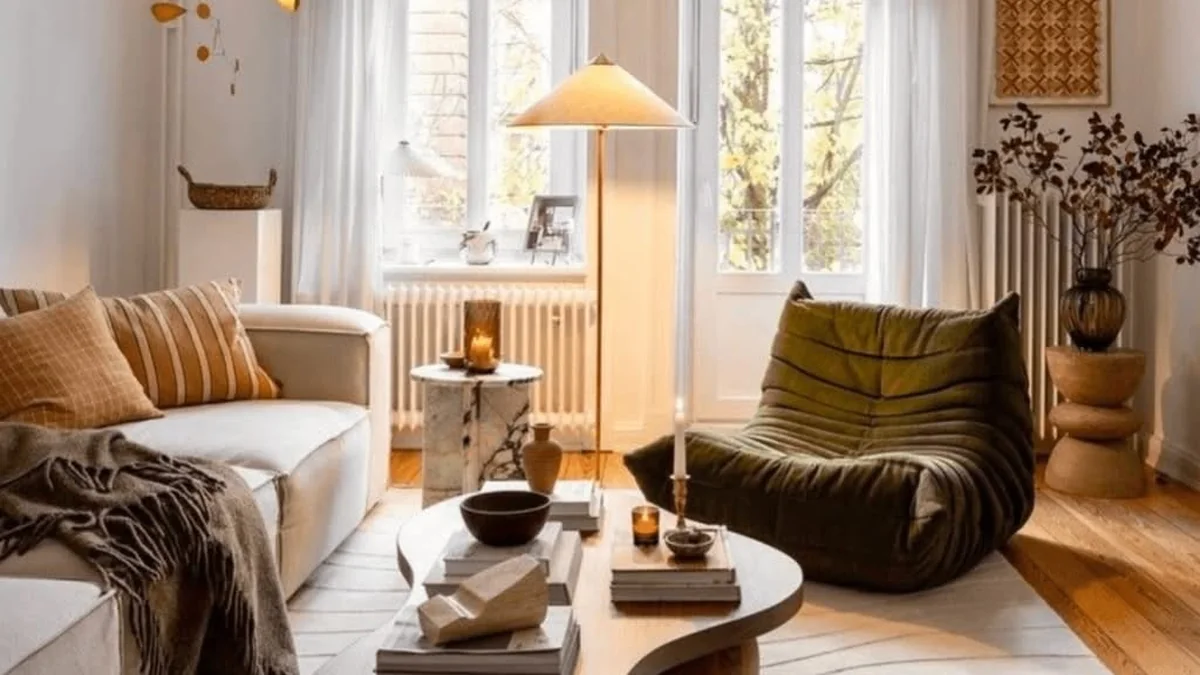 Calm light-filled room with empty seating around a coffee table