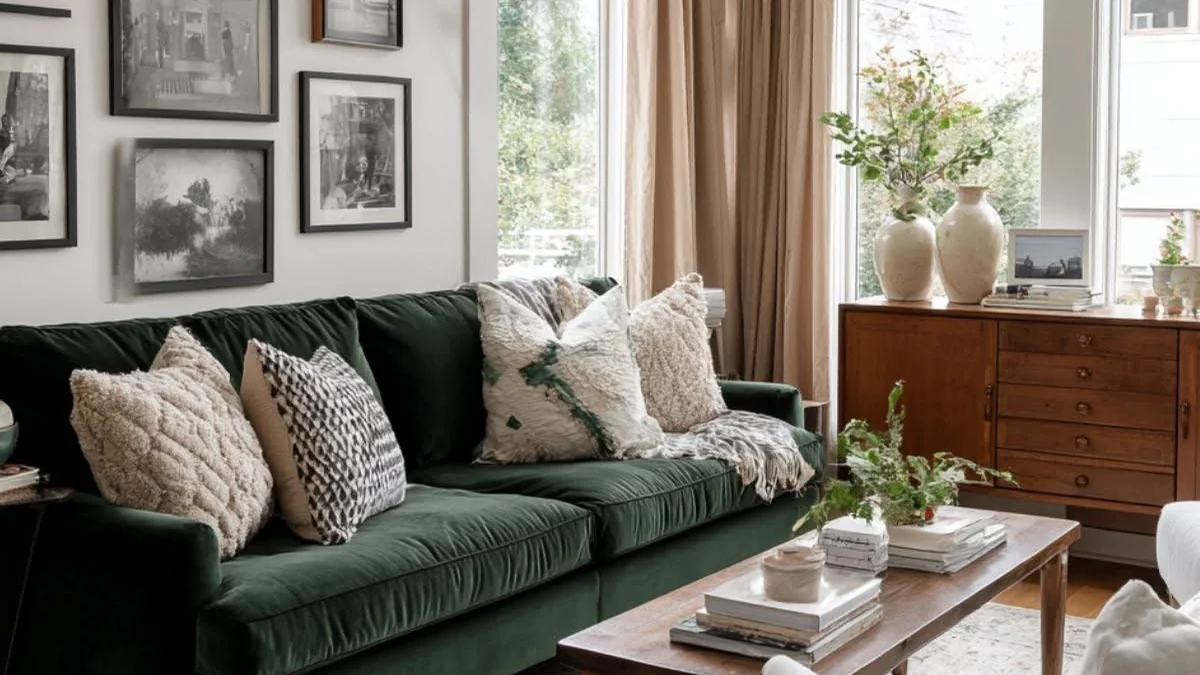 Calm green sitting room with a sofa, armchair and daylight