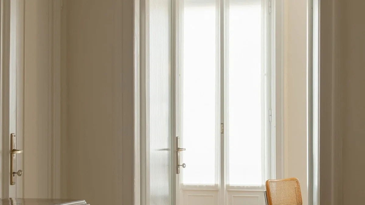 Sunlight filtering through tall white doors and curtains